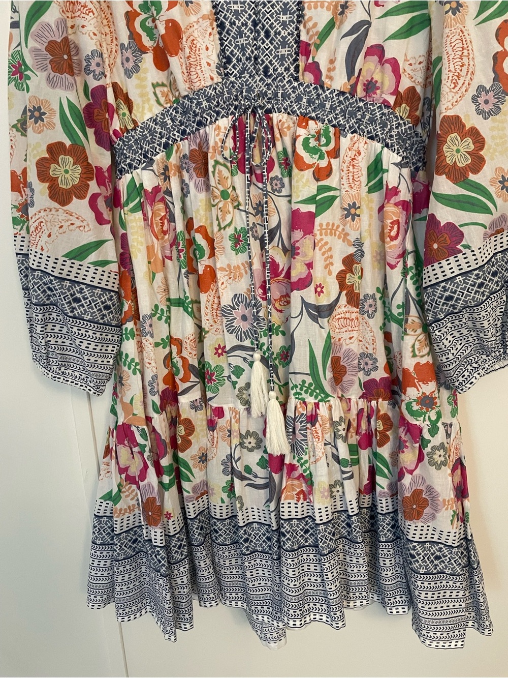 Kaktus Boho Floral Tiered Womens Dress with Blue Trim Size M V Neck Cottagecore - Picture 6 of 12
